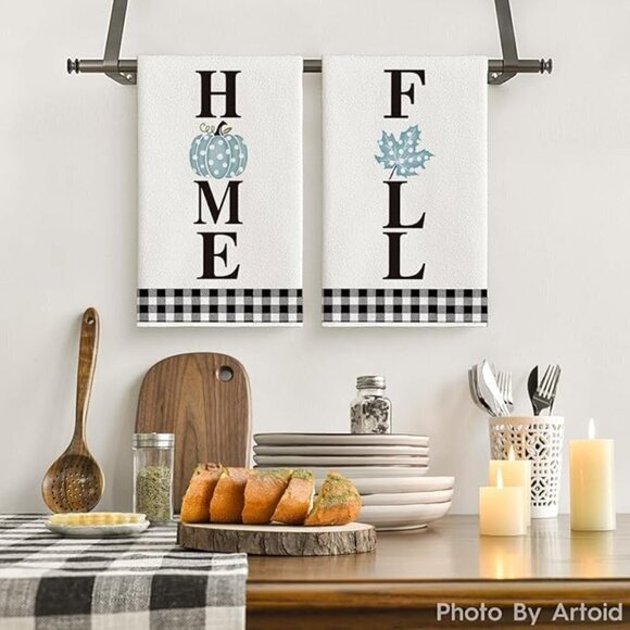 Buffalo Plaid Blue Pumpkin Home Fall Kitchen Towels Dish Towels, 18x26 - Picture 1 of 6